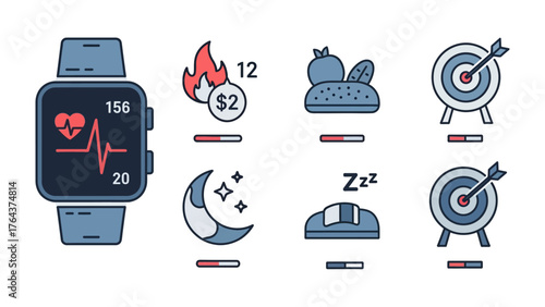 Fitness Tracker Icons: A modern illustration featuring a fitness tracker alongside related health and wellness icons, representing various aspects of a healthy lifestyle.
