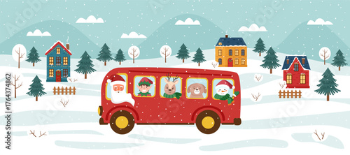 Eco-friendly Christmas banner with Santa Claus driving a bus with characters. Winter landscape Illustration. Vector flat template.