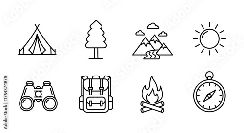 Adventure camping gear essentials for a mountain hike tent, tree, sun, binoculars, backpack, fire, compass  perfect for outdoor enthusiasts.