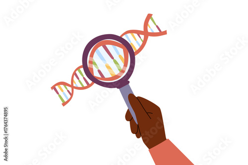 DNA analysis concept, magnifying glass in human hand zooming genetic code. Vector flat clipart.