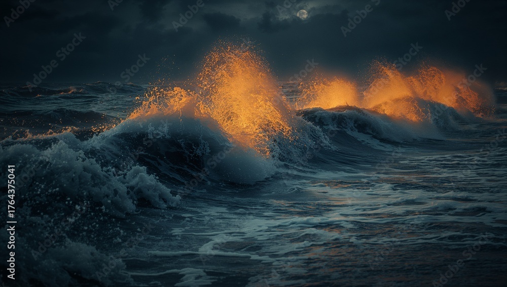 Fototapeta premium Crashing glowing wave crest in ocean at night under cloudy sky, with full moon and splashes