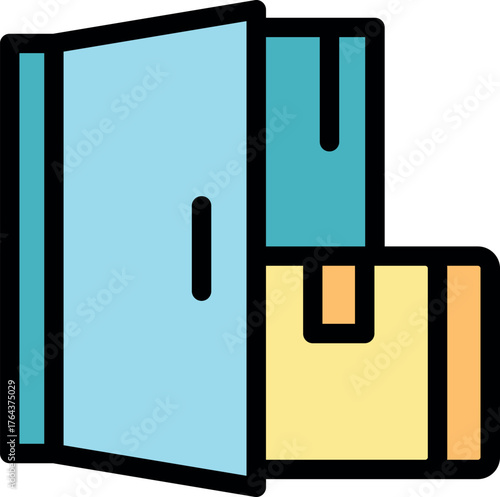 Cardboard boxes behind an open door represent moving house, delivery, or storage concepts