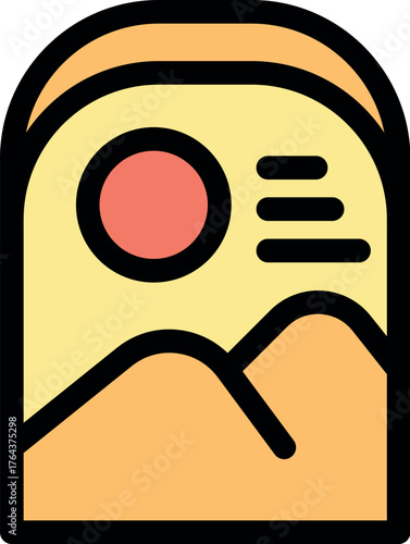 Abstract illustration depicting a sun over stylized mountains