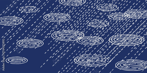 Circle waves and ripples on water from raindrops, Japanese and ethnic simple style abstract hand drawn dash brush lines pattern, Sashiko embroidery stitches texture calm background in white and blue