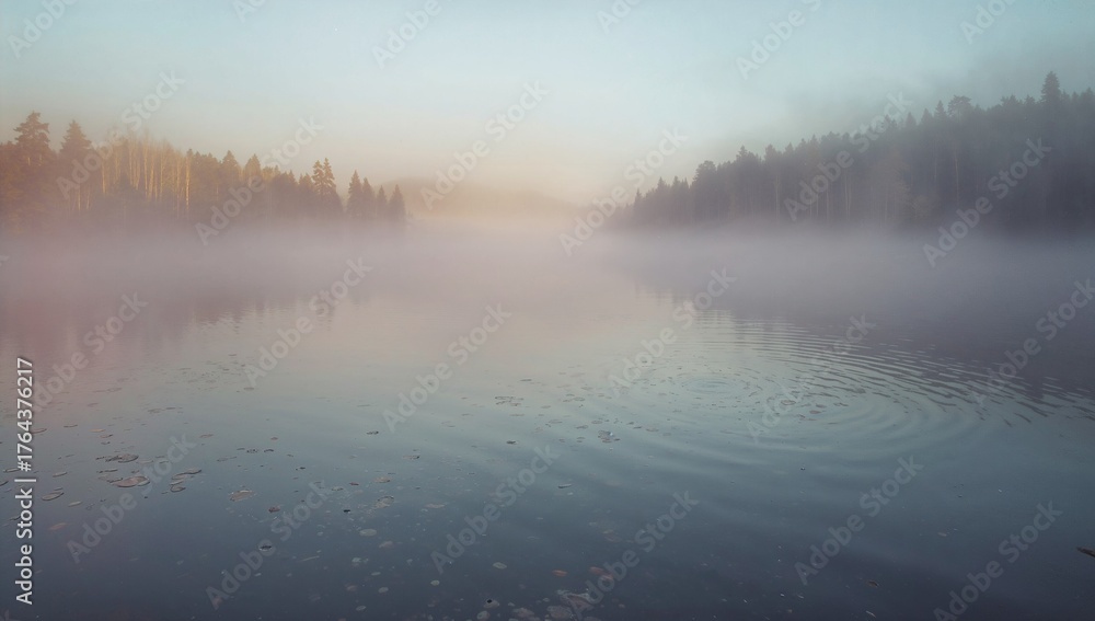 Fototapeta premium Reflecting dawn hues, mist-covered lake surface at forest lakeside, with mist and leaves drifting