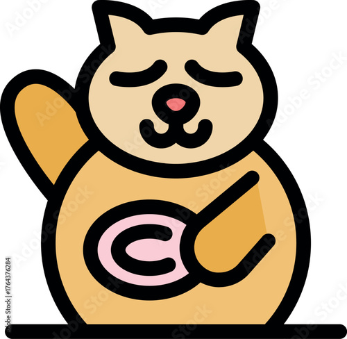 Golden cartoon maneki neko waving paw holding a coin