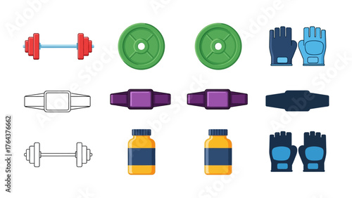 Gym Equipment Icons: A dynamic collection of fitness equipment icons, ideal for illustrating workouts, gym routines, and health-related topics. The images feature barbells, weights.