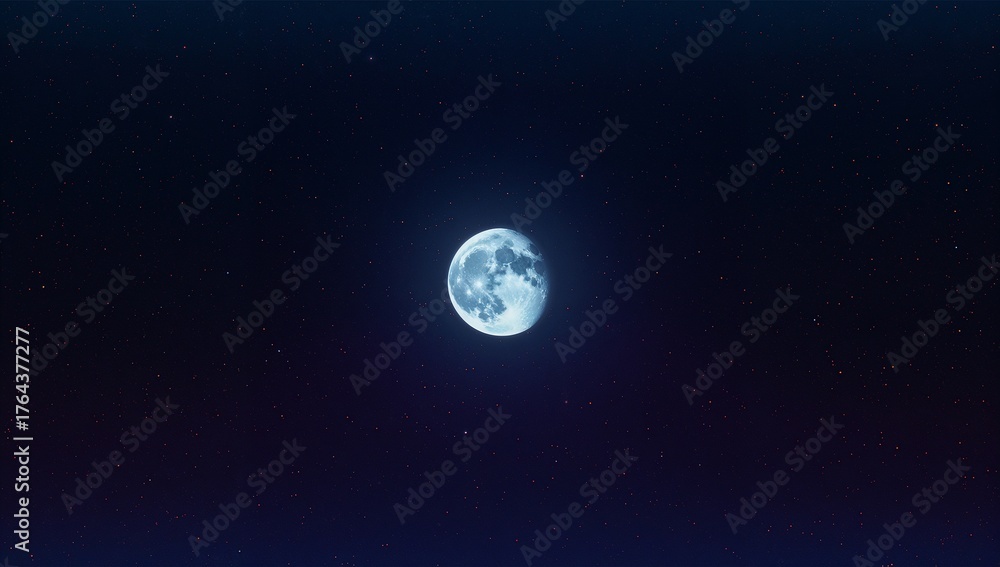 Fototapeta premium Glowing full moon revealing pale bluish tint and subtle craters in remote night sky, with stars