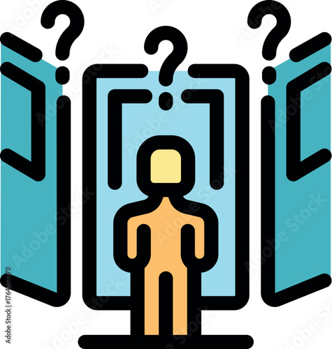 Person making a decision, choosing the correct door, solving a problem, choosing a path, opportunity, possibilities