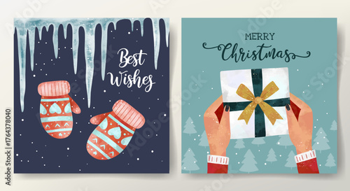 Christmas cards with cute watercolor mittens, gifts. Holiday cards with lettering. Happy celebrate xmas tags.