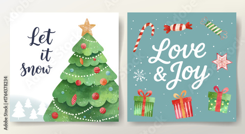 Watercolor christmas cards with New Year tree and gifts. Greeting cards with lettering. Happy celebrate xmas tags.