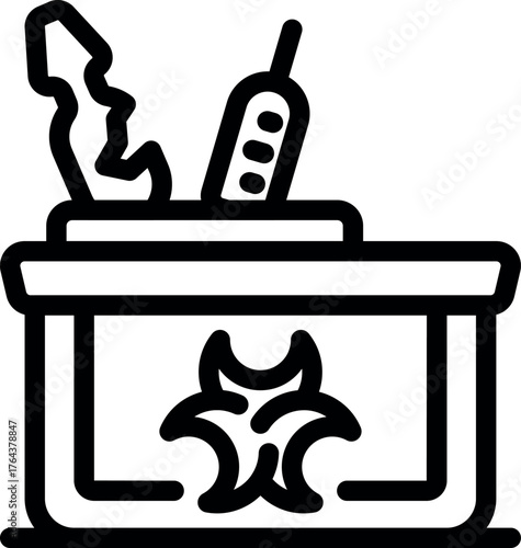 Chemical waste container with biohazard symbol, thermometer, and torn glove, representing hazardous material disposal