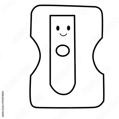 Cute line art of pencil sharpener with smiling face, minimalist black and white vector illustration for school and art themes.