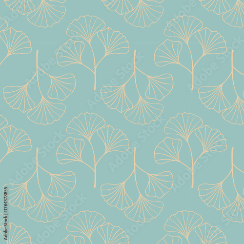 Ginkgo biloba pattern leaves silhouette beige. On pastel blue textile background.