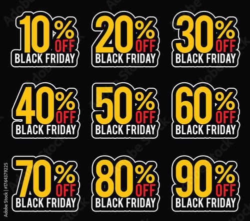 Black Friday Discount Badges Grid: 10% to 90% Off Labels for Sale Campaigns.