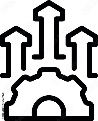 Upward arrows emerging from gear symbolize increased efficiency and business growth, representing concepts of progress and development