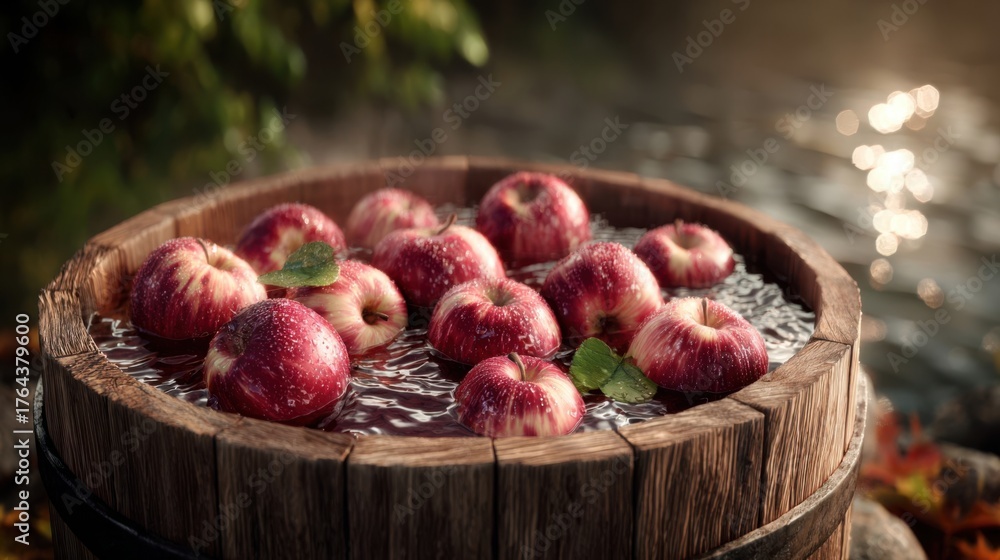 Obraz premium Bright red apples floating in a rustic wooden barrel filled with water. The apples are fresh, shiny, and vibrant, evoking a sense of harvest, autumn, and tradition