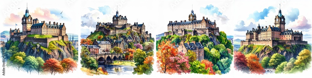 Naklejka premium Edinburgh Castle, Edinburgh, Scotland handcrafted colored pencil illustration with radiant tones and fine detail.