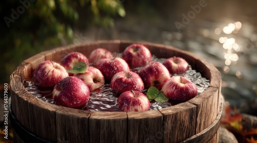 Bright red apples floating in a rustic wooden barrel filled with water. The apples are fresh, shiny, and vibrant, evoking a sense of harvest, autumn, and tradition