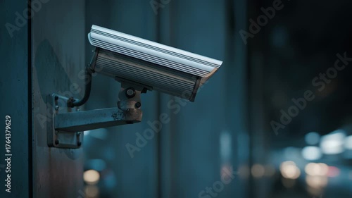 Surveillance camera security camera wall mount overlooking urban street night CCTV monitoring dark alley with motion blur