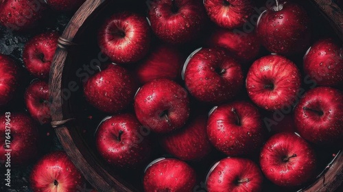 Bright red apples floating in a rustic wooden barrel filled with water. The apples are fresh, shiny, and vibrant, evoking a sense of harvest, autumn, and tradition