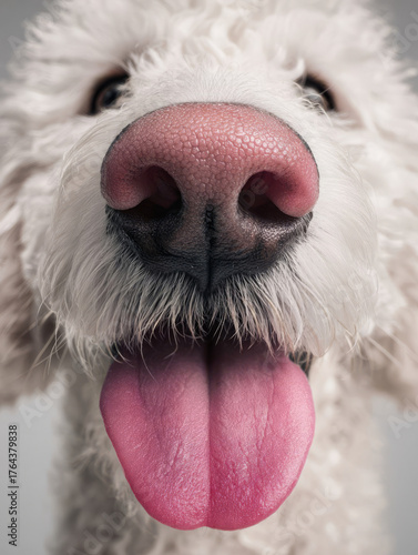 Extreme close-up of a dog’s nose and mouth, with its tongue sticking out playfully.