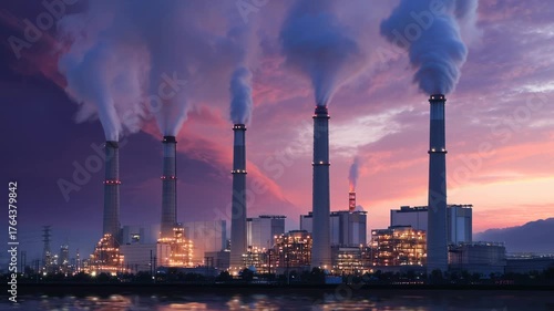 Power plant chimney smoke sunset with industrial cooling towers and pollution visible industrial power plant smokestack emitting