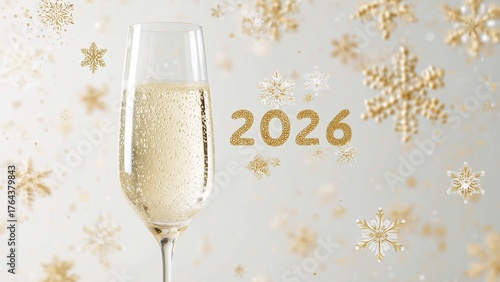 Winter Magic New Year Series 2026 pastel minimalistic illustration of champagne glass, snowflakes, and gold 