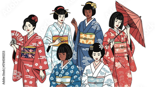 Diverse Group of Women in Kimonos, Celebrating Japanese Culture