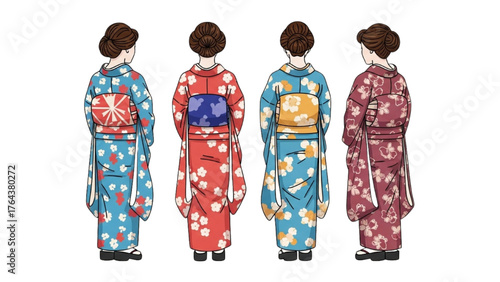 Kimono Styles Diverse Back Views of Women in Traditional Japanese Garments