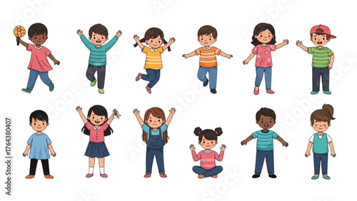 Diverse group of happy cartoon children characters in various playful poses