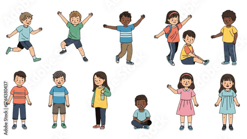 Illustrative diverse children in playful poses, showcasing youth, energy, and joyful moments of childhood