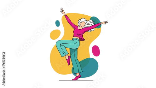 Joyful Woman Dancing with Arms Extended in a Colorful Abstract Style