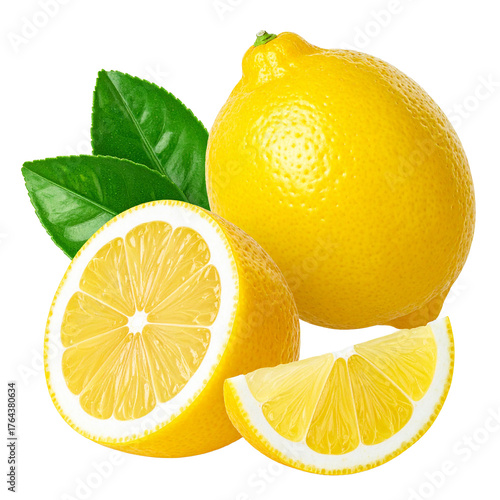 Zesty Citrus Symphony: A vibrant display of fresh lemons and their lush green leaves, evoking a sense of refreshment and culinary delight.