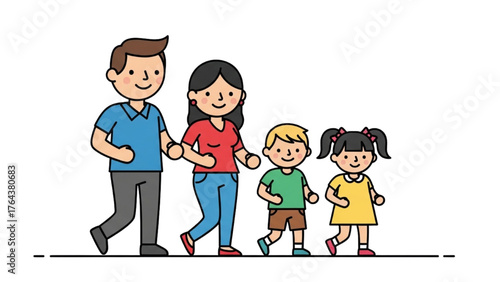 Happy family of four parents and two children walking together, enjoying cherished moments and togetherness with love and joy