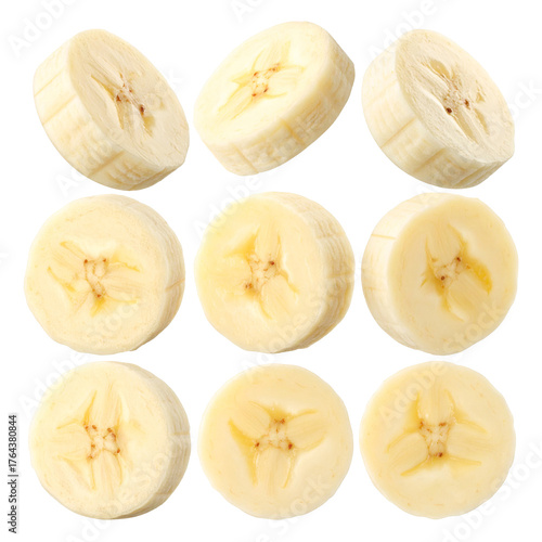 Banana Slices: Overhead shot of ripe banana slices, fresh and ready to eat, perfect for healthy snacking and culinary creations.