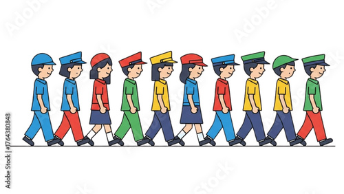 A diverse group of elementary school children walking together in a disciplined and orderly single file line, moving forward in unison