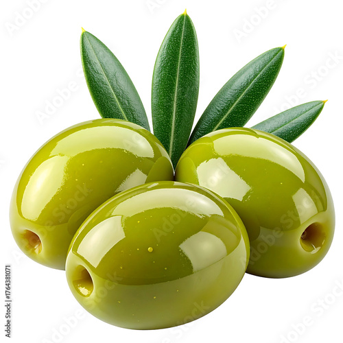 Elegant Olive Trio: Captured is a perfect trio of vibrant green olives, beautifully showcased alongside fresh, delicate olive leaves, a testament to nature's delicious bounty.