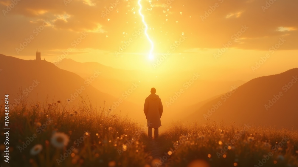 Fototapeta premium Solitary figure on a hilltop full of flowers at sunrise, bathed in soft, golden light with silhouette of a cathedral at background, dreamy scene