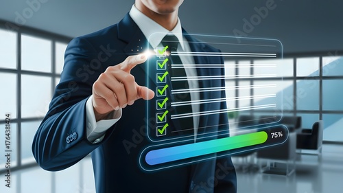 Businessman touches a digital progress checklist with check marks and an advancing loading bar, symbolizing task completion and project progress. progress bar, Management and tracking strategies,