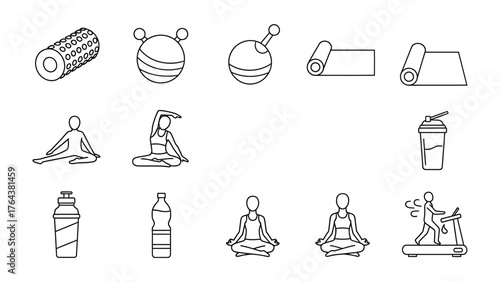 Fitness Essentials: Illustrated assortment of fitness gear and exercise activities. Featuring yoga poses, gym equipment, and hydration essentials, this image encapsulates health and wellness.