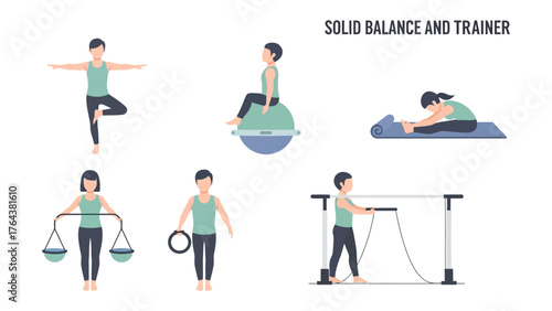 Exercise Balance with a Trainer: Illustration of diverse exercise poses and positions, showing how solid balance is achieved. A trainer guides participants through each step.