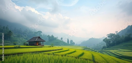 Solitary hut nestled amidst endless verdant rice paddies,  isolation,  rice paddy