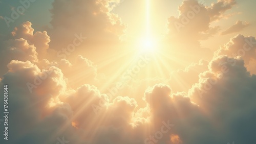 Dramatic golden sunlight rays breaking through fluffy white clouds in heavenly sky, ethereal glowing atmosphere with soft beams, spiritual scene, concept of religion inspiration wellness