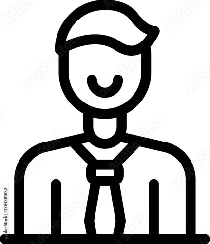 Simple, bold outline icon of a smiling businessman wearing a tie and formal shirt, suitable for various business and professional contexts