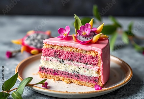 Vibrant pink dragon fruit vegan cake slice, floral garnish Delicious brunch pastry,  bakery,   colorful food