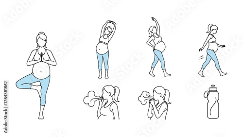 Pregnancy and Wellness: A collection of illustrations depicting a pregnant woman engaging in yoga, exercise, and maintaining hydration, all contributing to her well-being.