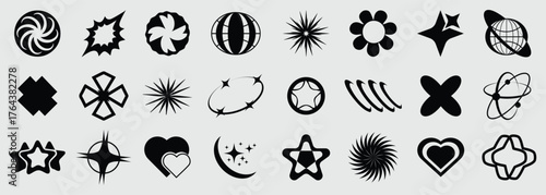 Set of simple abstract shapes. Big collection of vector geometric symbols and signs in y2k style. Brutalist abstract geometric shapes. Y2K Geometric design element shapes. 