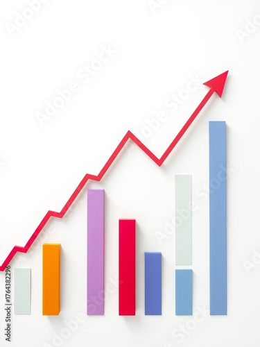 A vibrant and colorful bar graph showing continuous growth and positive trend with a red arrow pointing upwards indicating success on a clean white background. Free Download A vibrant and colorful bar graph showing continuous growth and positive trend with a red arrow pointing upwards indicating success on a clean white background. - GFXLoad