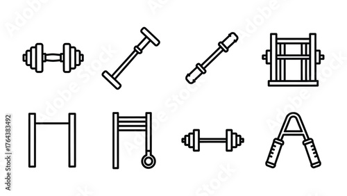 Gym Equipment Silhouette: A minimalist graphic showcases a range of gym equipment essential for strength training and fitness, all presented in a sleek, modern outline style.